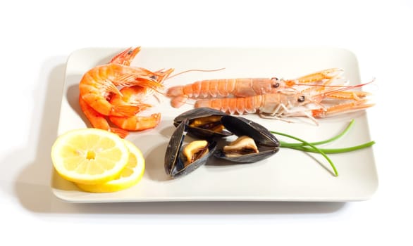 Mussels lemon and crustacean on dish