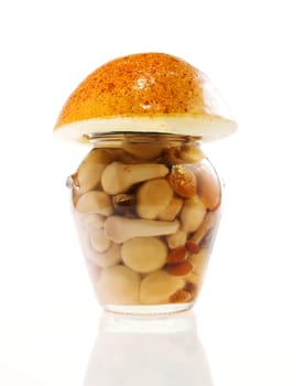 Mushrooms inside a jar on a white background