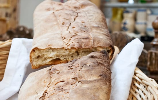 Bread inside a wicker basket