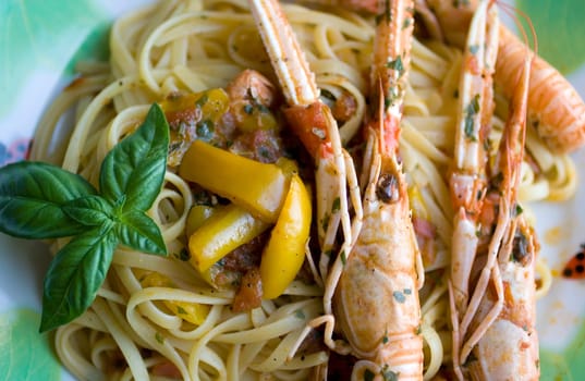 Italian spaghetti with tomato sauce, basil and shrimp