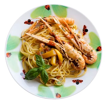 Italian spaghetti with tomato sauce, basil and shrimp
