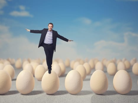 smiling man balance on 3d egg