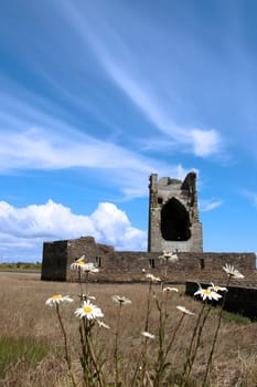 Ruins of a five-storeyed rectangular towerhouse within a bawn Partly destroyed in the 17th century in Ballylongford county kerry ireland