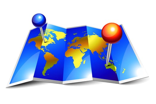 Blue shiny world map and pins on folded paper