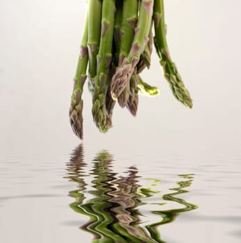 A bunch of asparagus reflected in water on a gray background