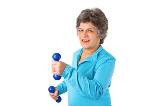 Senior woman with dumbbells - isolated on white background