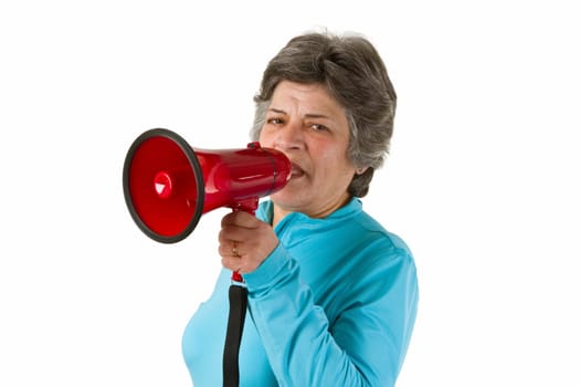 Senior woman screaming in megaphone - isolated on white background