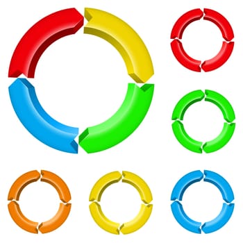 Set number three of different colored arrow circles isolated on the white
