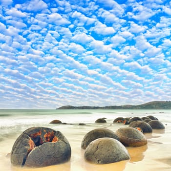 Moeraki Boulders at day time. New Zealand