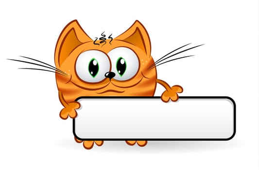 A smiling, funny cat holding a blank sign in its hand. Illustration on white.