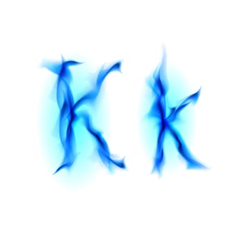 Blue Fiery font. Letter K. Illustration on black background