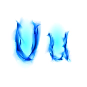 Blue Fiery font. Letter U. Illustration on black background