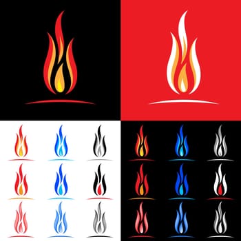 Fire icons collection. Illustration on white, black and red background
