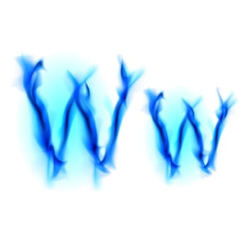 Blue Fiery font. Letter W. Illustration on black background