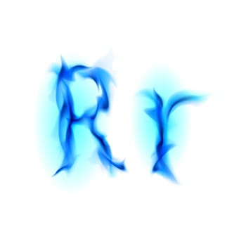 Blue Fiery font. Letter R. Illustration on black background