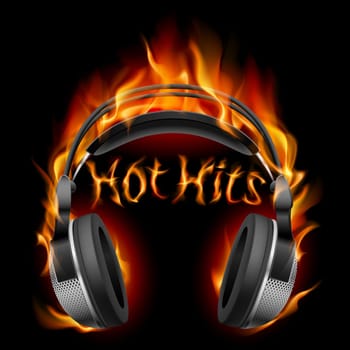 Headphones in fire. Illustration on black background