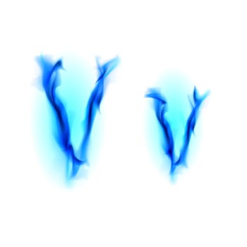 Blue Fiery font. Letter V. Illustration on black background