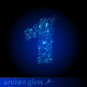 One symbol of broken glass - digit one. Illustration on black background