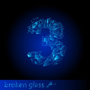 One symbol of broken glass - digit three. Illustration on black background