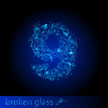 One symbol of broken glass  - digit nine. Illustration on black background