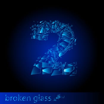 One symbol of broken glass - digit two. Illustration on black background