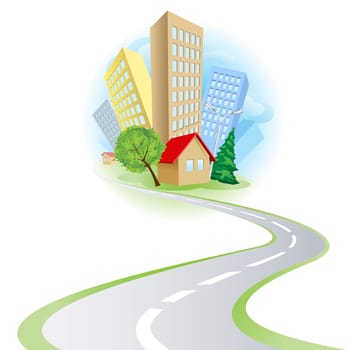 Townhouses, cottages and the road. Illustration on white background