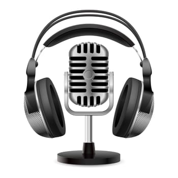 Realistic retro microphone and headphones. Illustration on white background for design