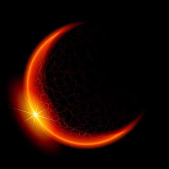 One red planet in deep space. Black space. Yellow Sunset.