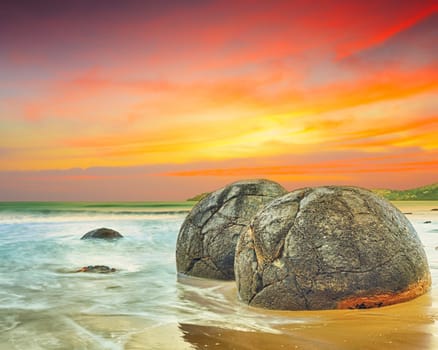 Moeraki Boulders at sunset. New Zealand