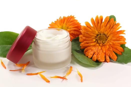 a pot of calendula ointment with fresh flowers