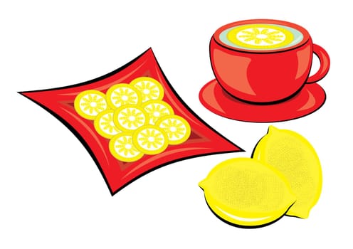 Tea with lemon in mug on white background.