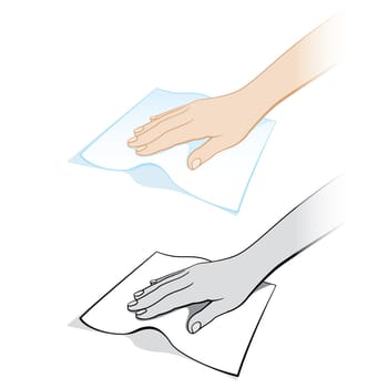 Two variants of a womans hand with a rag. Illustration on white background