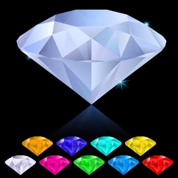 Realistic diamonds in different colors. Illustration for design on black background