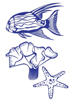 Tropical fish, coral and starfish. Vector illustration on white background for design
