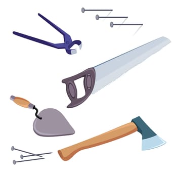 A selection of common tools used for construction and repair.