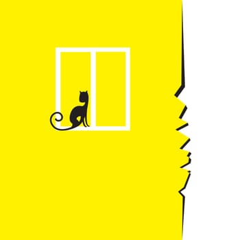 Crack in the wall with a window and a sitting cat.  Illustration on white background