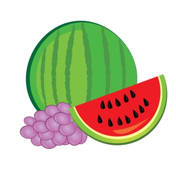 Illustration of healthy fresh fruit. Watermelon and grapes