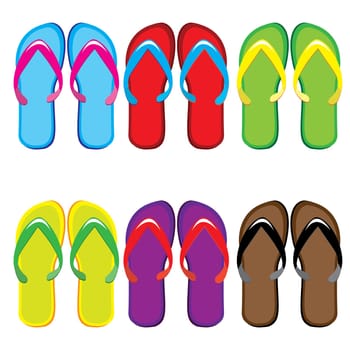 Six pairs of colorful flip flops. Illustration on white background