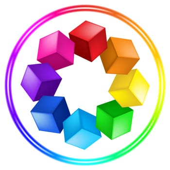 Illustration of cubes and ring of the different color on white