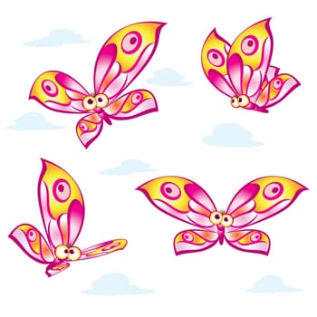 Set of cartoon colorful butterflies. Illustration on white background