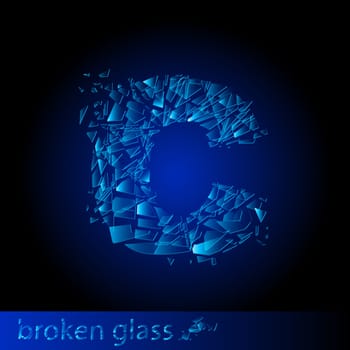 One letter of broken glass - C. Illustration on black background