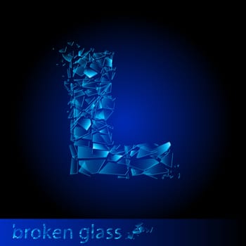 One letter of broken glass - L. Illustration on black background