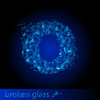 One letter of broken glass - O. Illustration on black background