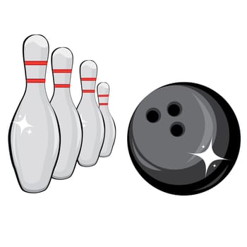 Skittles and black ball on white background, bowling