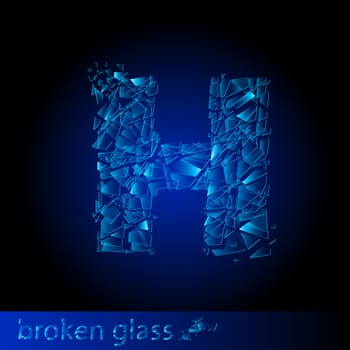 One letter of broken glass - H. Illustration on black background