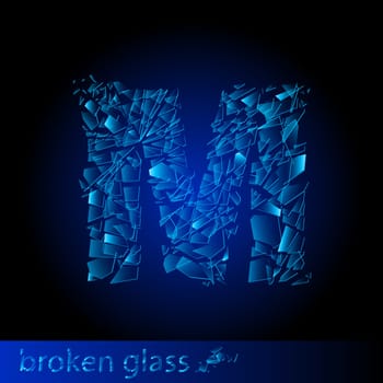 One letter of broken glass - M. Illustration on black background