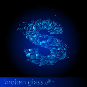 One letter of broken glass - S. Illustration on black background