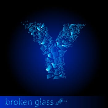 One letter of broken glass - Y. Illustration on black background