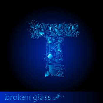 One letter of broken glass - T. Illustration on black background
