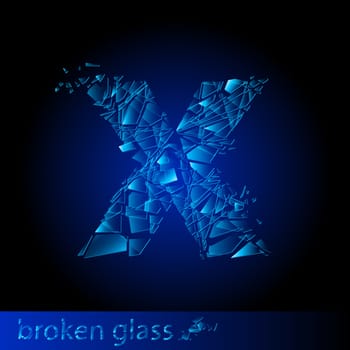 One letter of broken glass - X. Illustration on black background